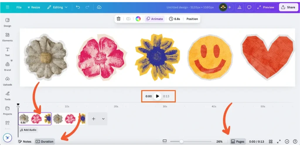 Canva’s animation timeline showing five colorful flower and heart graphics. Orange arrows highlight the duration settings, timeline clips, and total video length (0:13 seconds), illustrating how to adjust clip timing and sequence in a design project.