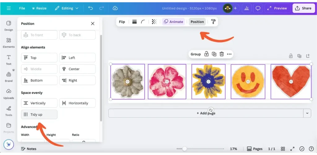 Canva’s position alignment panel showing five colorful flower and heart graphics selected on the canvas. The “Position” tab is open with alignment options like Top, Center, Bottom, and a “Tidy up” button. Orange arrows point to the Position menu and Advanced settings.