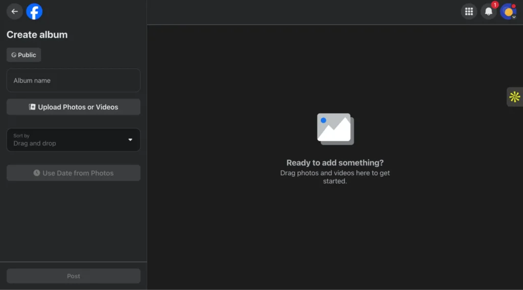Facebook interface for creating a new album, with fields for album name, upload button for photos or videos, and a drag-and-drop area for adding media.