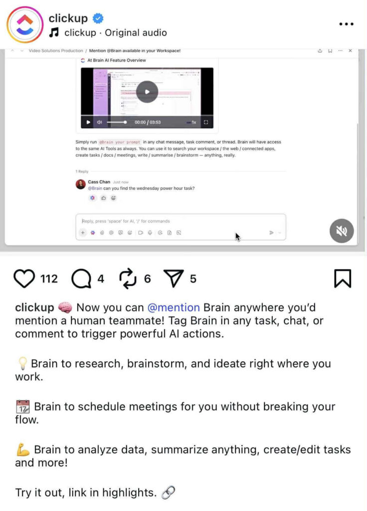 Instagram post from ClickUp promoting their new AI feature "Brain." The post shows a screenshot of the ClickUp interface with a demo of tagging @Brain in comments and tasks. The caption highlights how users can mention Brain like a teammate to trigger AI actions such as researching, brainstorming, scheduling meetings, analyzing data, summarizing, and creating/editing tasks.