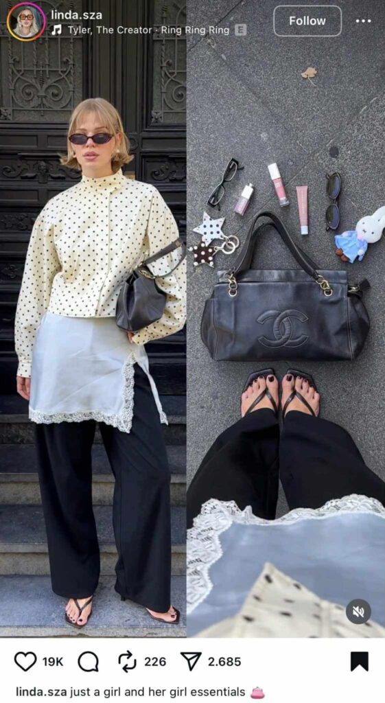 Instagram Reel showing a woman in a polka-dot blouse, black wide-leg pants, and flip-flops posing with a black Chanel handbag. A flat lay next to her displays the handbag surrounded by essentials like sunglasses, lip gloss, skincare items, a keychain, and a small plush toy.