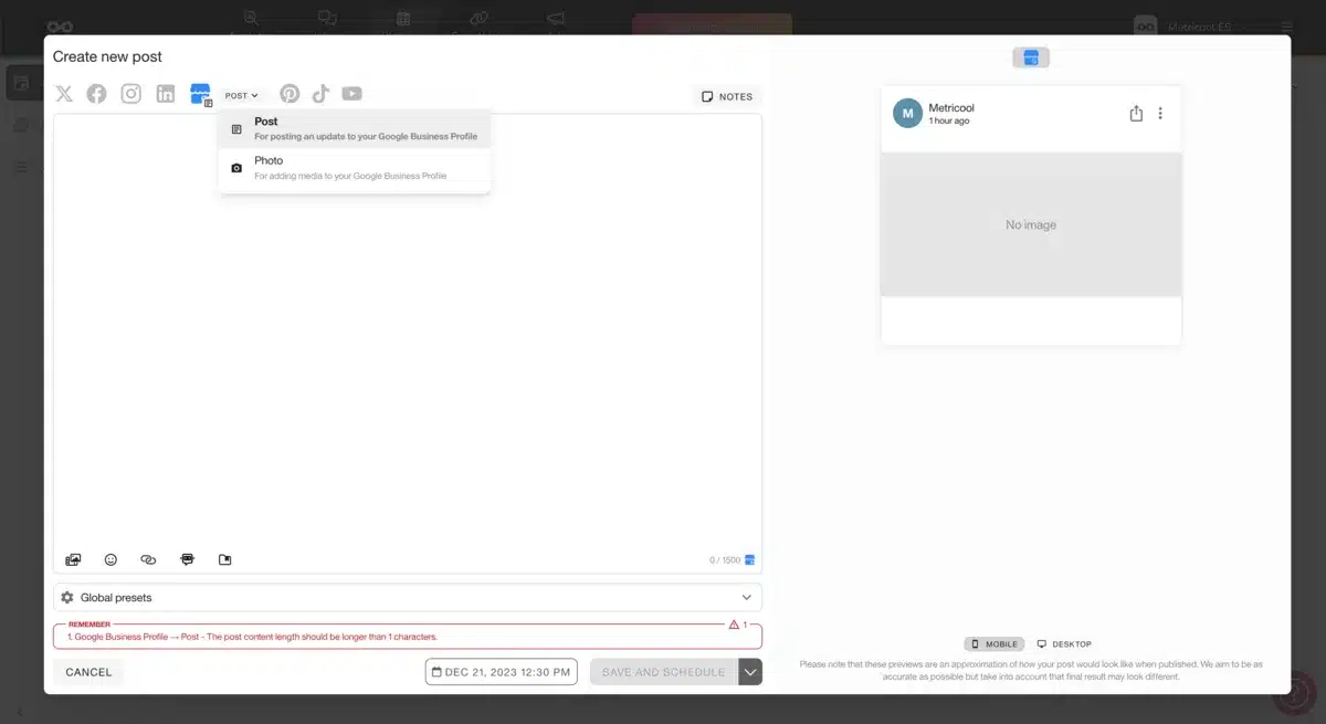 Metricool interface showing the 'Create new post' window for Google Business Profile, with post and photo options, text editor, and a warning about minimum content length. A post preview appears on the right side.