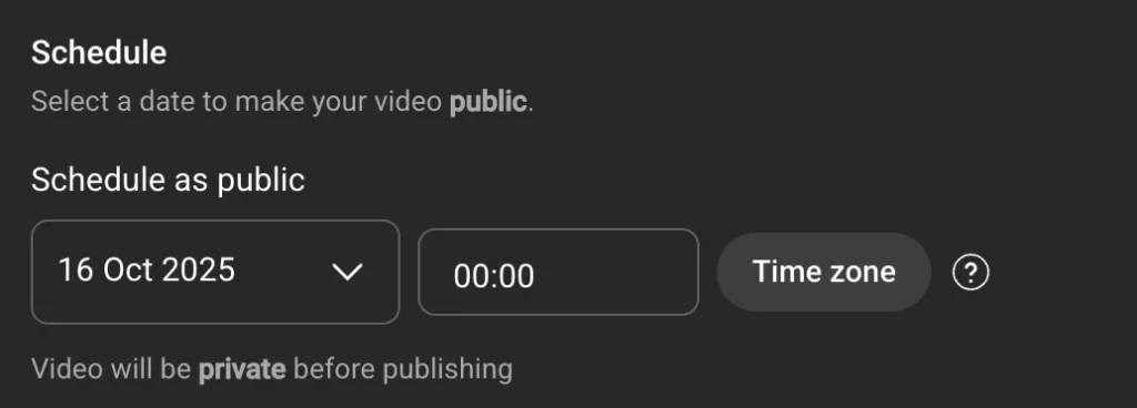 YouTube Studio desktop screen showing scheduling options with a date and time selector for publishing a video publicly.