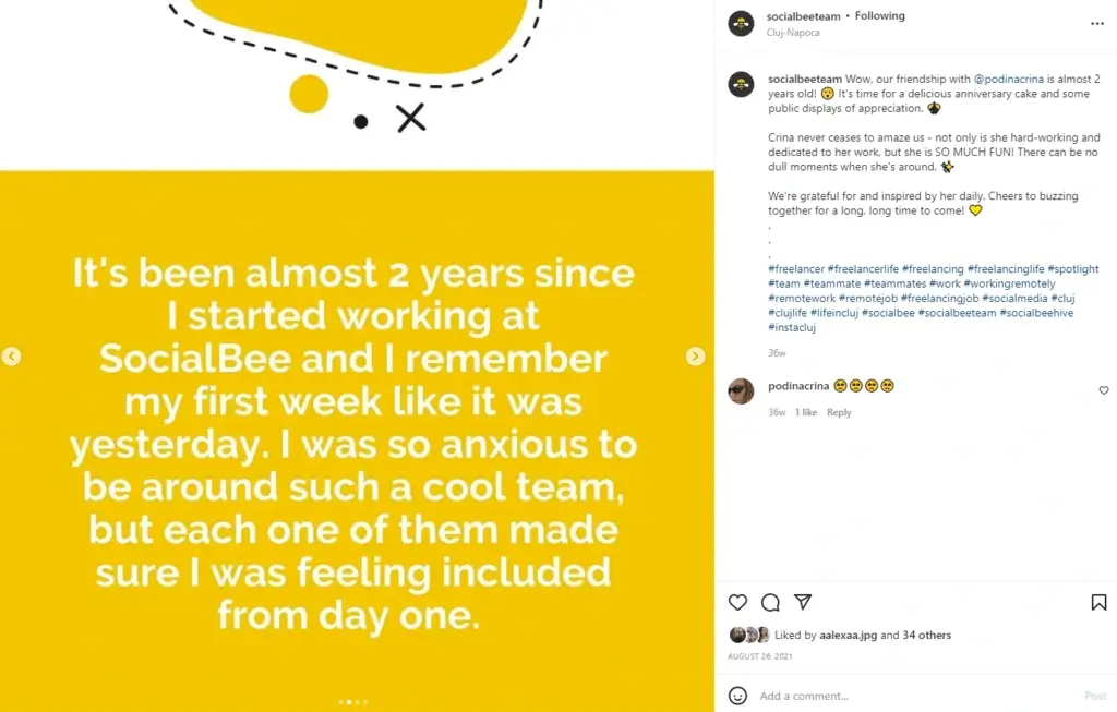Instagram carousel post from SocialBee featuring a yellow background with white text sharing a freelancer's reflection on their first weeks at the company, highlighting feelings of inclusion and team support.