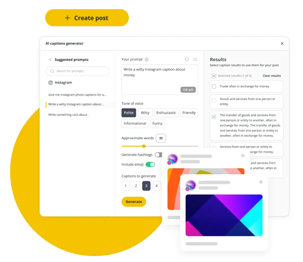 SocialBee’s post editor with AI caption generator tool. The interface shows options for generating Instagram captions with prompts, tone of voice selection (polite, witty, enthusiastic, friendly, informational, funny), word count adjustment, and toggles for hashtags and emojis. On the right side, suggested caption results appear, while example Instagram posts are displayed below.