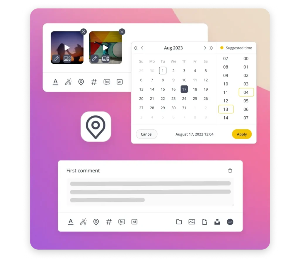 SocialBee’s post scheduler with Instagram-specific features. The interface shows media uploads, a scheduling calendar with suggested times, and a section to add the first comment. Icons for text, hashtags, location, AI assistance, and other post customization tools are visible.