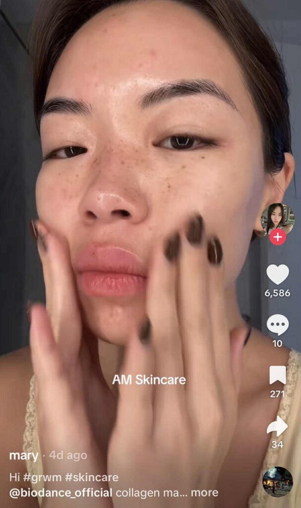 A woman is showcasing a morning skincare routine. The image is a TikTok video with the caption “AM Skincare” displayed in the center.