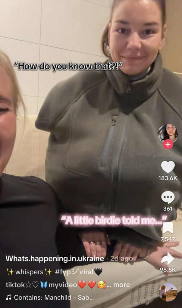 Two friends are sitting indoors laughing, with one person looking at the camera while the other is partially visible on the left. On-screen text reads “How do you know that?!” and “A little birdie told me…”.