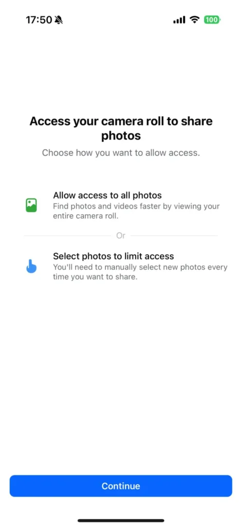 Meta app screen asking for camera roll access with options to allow all photos or select specific photos before sharing