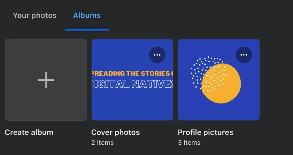 Screenshot of the Facebook Albums page showing options to create a new album, and existing albums titled “Cover photos” and “Profile pictures.”
