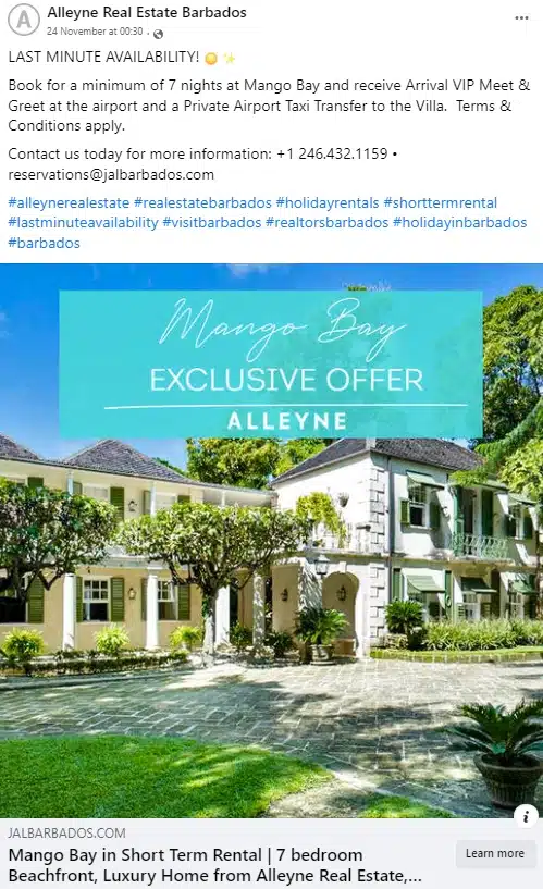 Facebook ad promoting a last-minute villa rental offer at Mango Bay in Barbados.