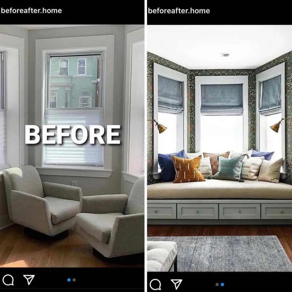 Side-by-side comparison of a room makeover; the "before" image shows a plain bay window area with two beige armchairs, while the "after" image reveals a cozy built-in window seat with storage drawers, patterned wallpaper, and colorful throw pillows.