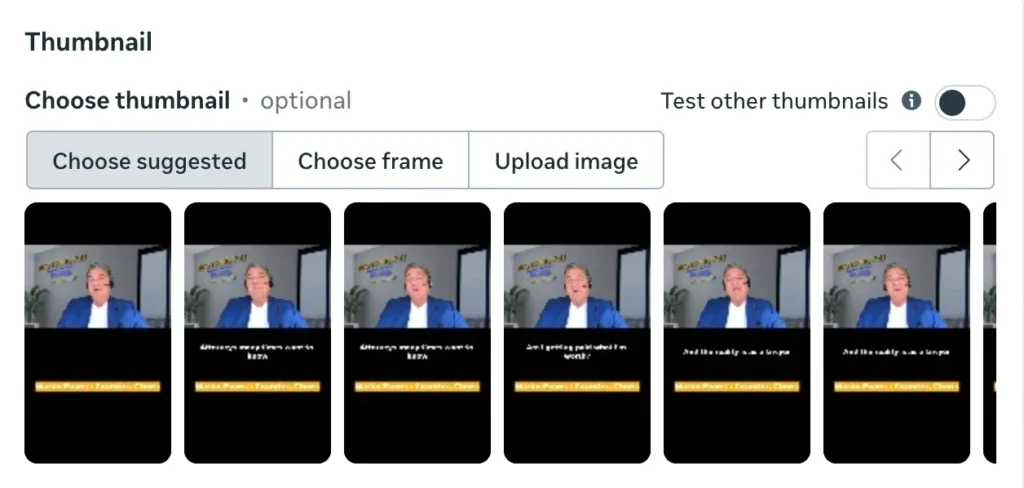Facebook Reel upload interface showing thumbnail selection options including suggested frames and upload image option