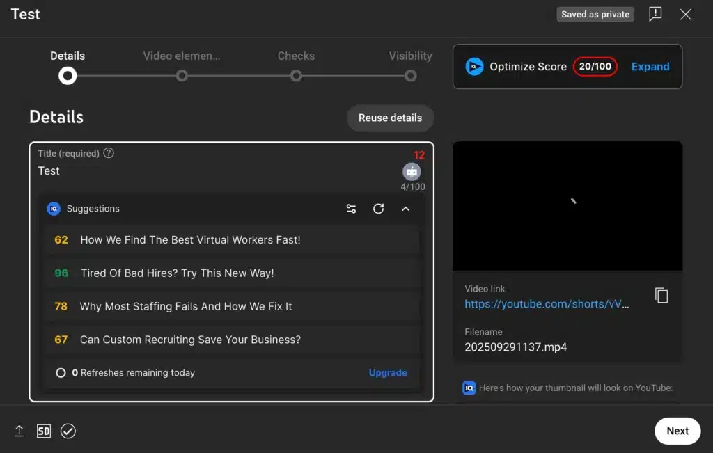 YouTube Studio desktop upload interface displaying the “Details” tab with a video titled “Test,” optimization score, and AI-generated title suggestions.