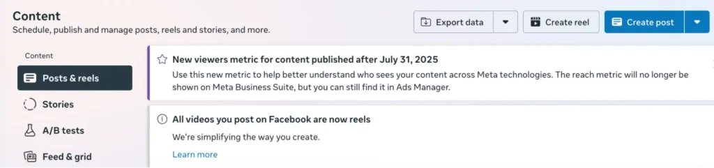 Meta Business Suite dashboard showing Posts & Reels tab, notifications about new metrics, and option to create posts or reels
