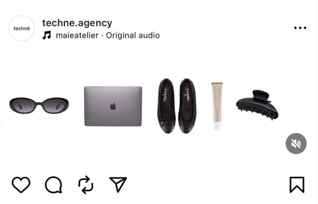Minimalist Instagram post by techne.agency showing a conveyor belt–style layout with black sunglasses, a MacBook laptop, black Chanel flats, a beige lip gloss tube, and a black hair clip arranged in a clean white background.