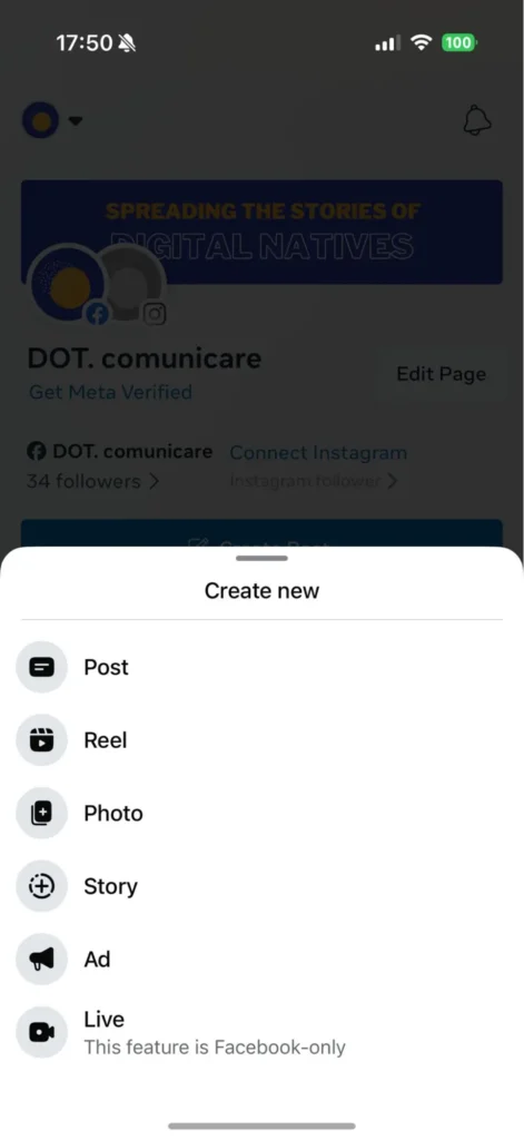 Facebook mobile app screen with create new post options including Post, Reel, Photo, Story, Ad, and Live.