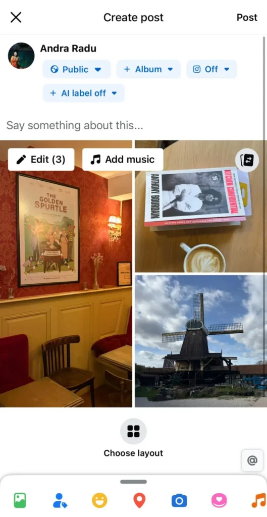 Mobile Facebook post creation screen with three images selected for upload — a café wall with a framed poster, a book and coffee cup, and a windmill — with options to edit and add music.