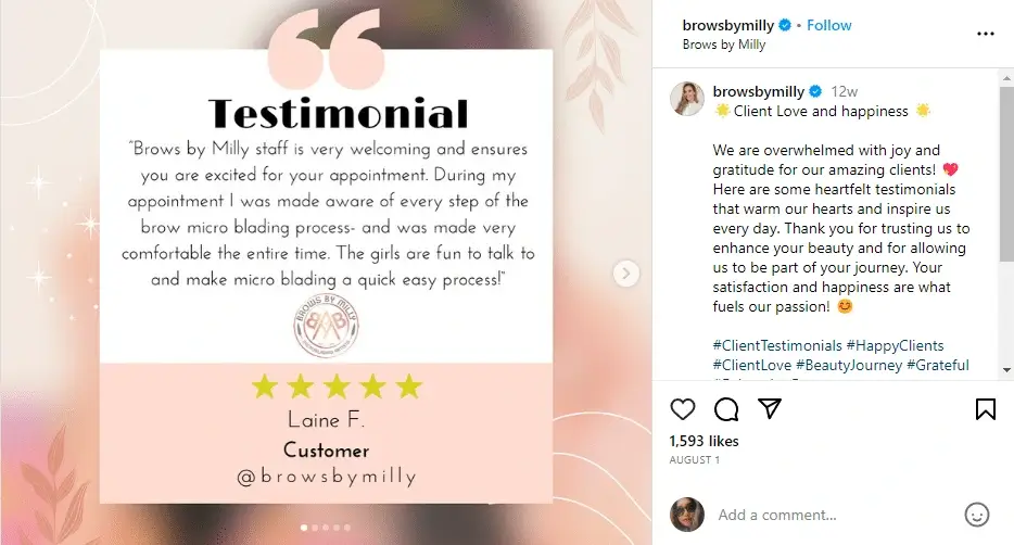 A customer testimonial for Brows by Milly praising the welcoming staff and smooth microblading process, with a five-star rating from Laine F. on a soft pink background.
