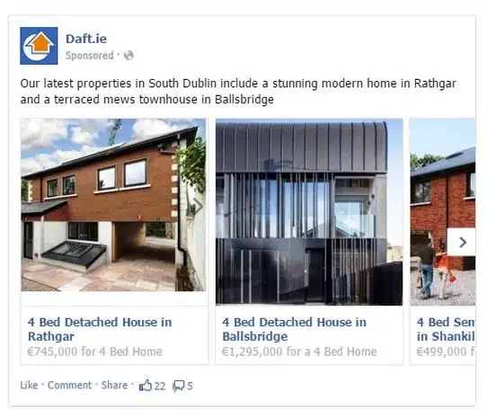 Facebook carousel ad showing homes for sale in South Dublin with prices and images.