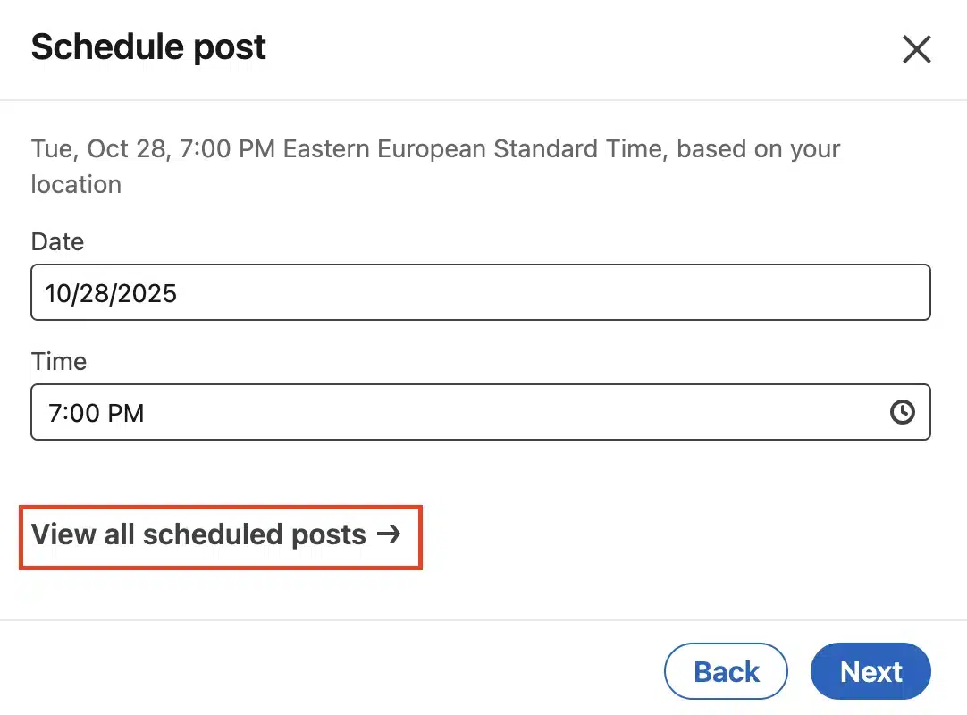 LinkedIn post scheduling screen showing selected date and time, with an option to "View all scheduled posts" for managing or editing scheduled content.