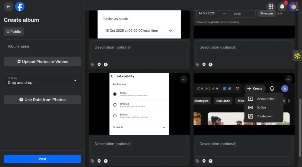 Facebook album creation screen displaying uploaded media thumbnails with fields for descriptions, visibility settings, and publishing options.