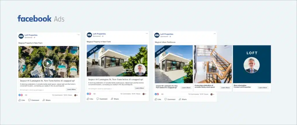 Facebook carousel ads from Loft Properties showcasing homes for sale in New Farm, including aerial views, exterior and interior photos, and an agent profile with “Learn More” buttons.