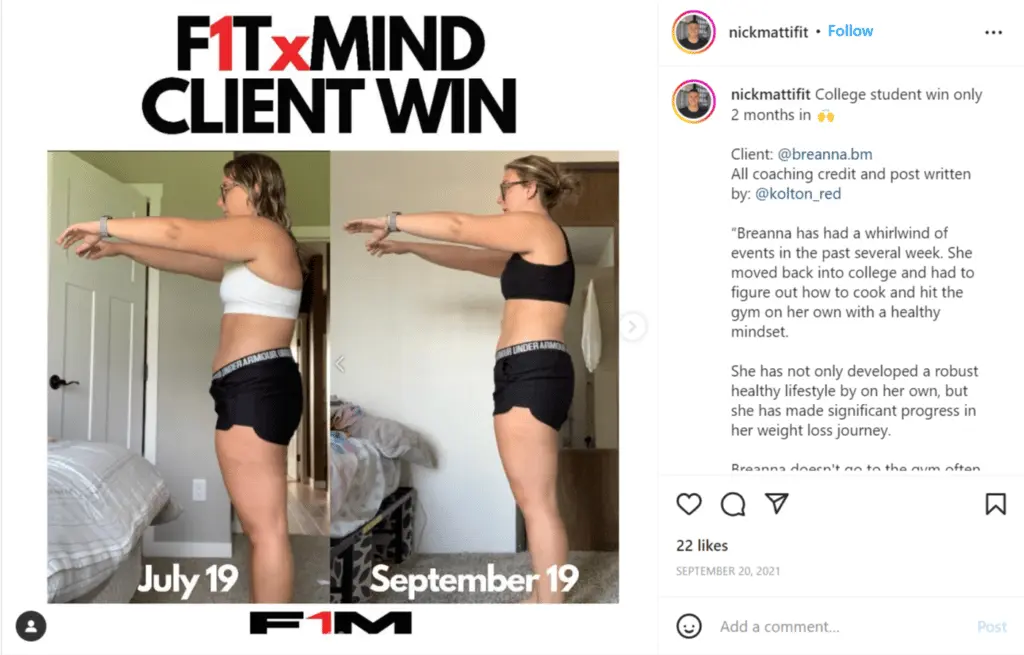  Instagram post showing before-and-after photos of a woman’s fitness progress over two months, shared by a fitness coach highlighting client success.