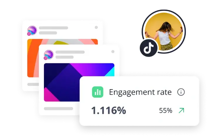 TikTok posts with engagement rate calculator showing 1.116% engagement.