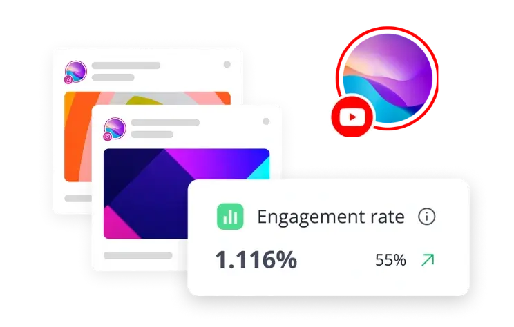 SocialBee free YouTube engagement rate calculator showing sample engagement rate metrics and post previews.