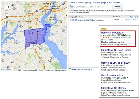 Screenshot of a Google Ads interface showing geotargeting options with a highlighted map area and location-based ad listings on the right.