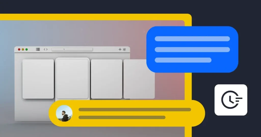 Illustration of a web browser window and message bubbles in blue and yellow, representing creating and managing Facebook posts with multiple images.