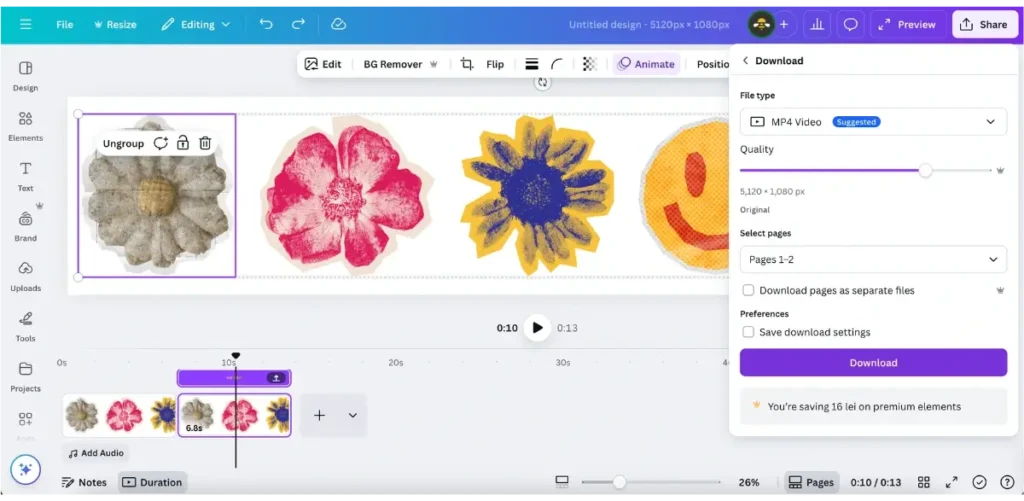 Canva’s video editing interface showing four colorful flower graphics on a timeline. The design is being exported as an MP4 video, with the download settings panel open on the right, displaying quality, page selection, and format options.