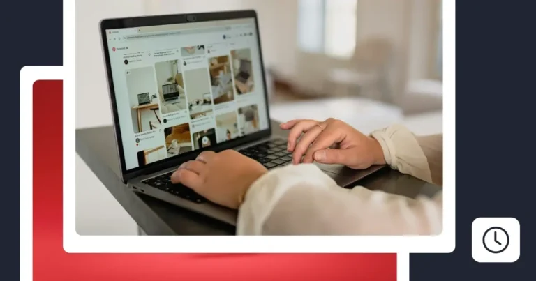 Person using a laptop to browse Pinterest, with a grid of home decor pins visible on the screen, framed by red and navy design elements.