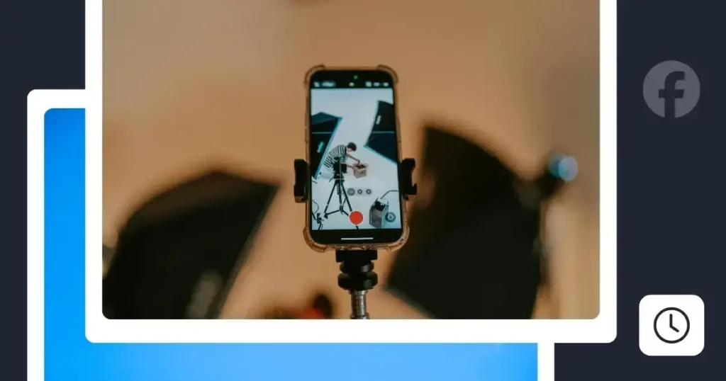 Phone mounted on tripod recording video in a studio setting, representing creating and scheduling Facebook Reels.