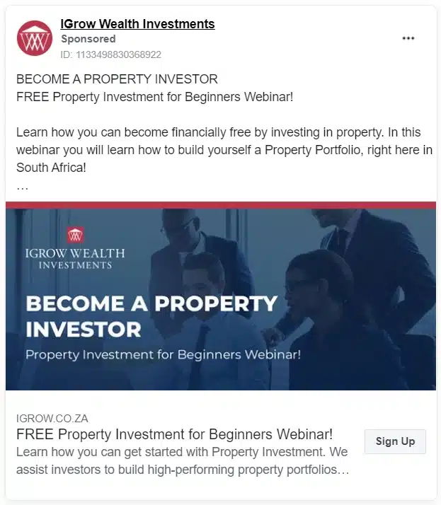 Facebook ad promoting a free webinar on property investment for beginners in South Africa.
