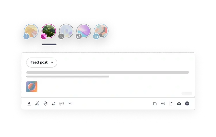 SocialBee post editor interface showing connected social media platforms (Facebook, Instagram, X, TikTok, LinkedIn) and a sample Instagram feed post being drafted, illustrating how users can format captions with line breaks, hashtags, and emojis.