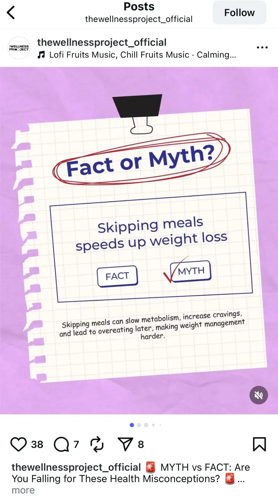 Instagram post from The Wellness Project with a “Fact or Myth?” quiz stating that skipping meals speeds up weight loss, marked as a myth with an explanation about metabolism and cravings.