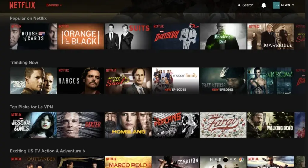 Screenshot of the Netflix homepage showing categories like “Popular on Netflix,” “Trending Now,” and “Top Picks,” featuring shows such as Orange Is the New Black and Breaking Bad.