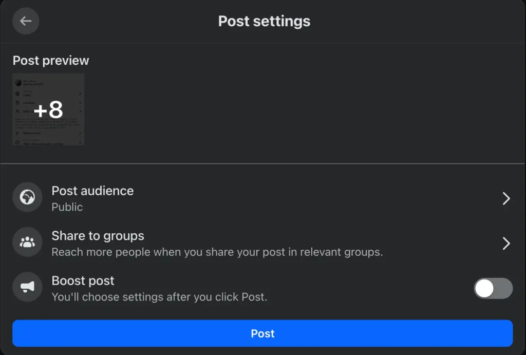 Facebook post settings page showing post preview, audience selection, options to share to groups or boost the post, and a blue “Post” button.