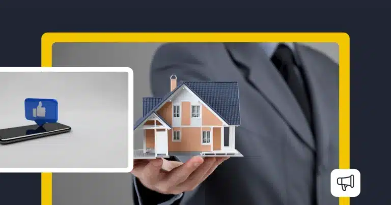 Image of a businessman holding a house model with a smartphone “like” icon.