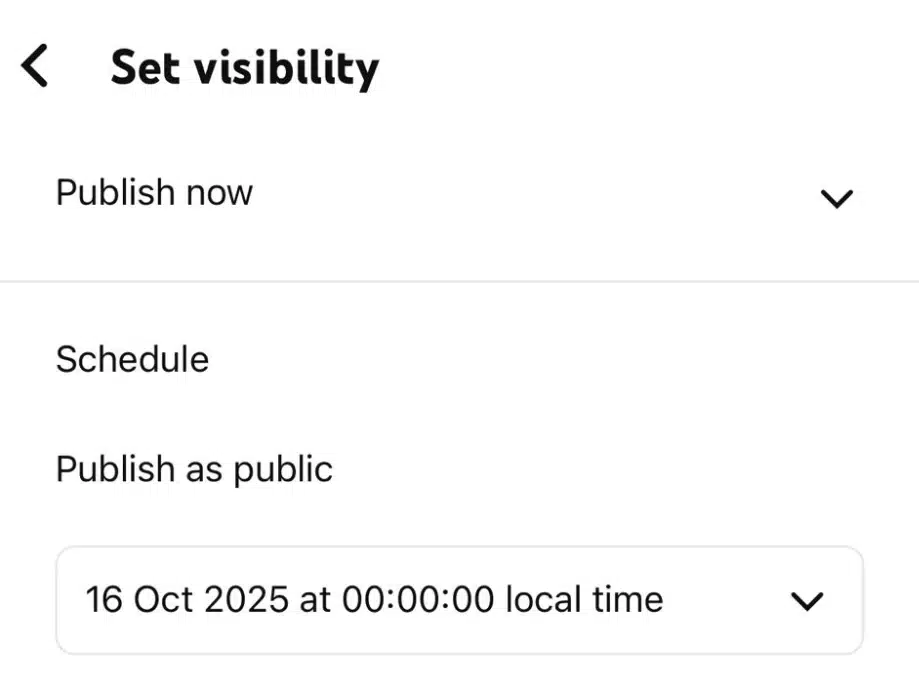 YouTube mobile scheduling screen allowing users to set a future publish date and time for their video.