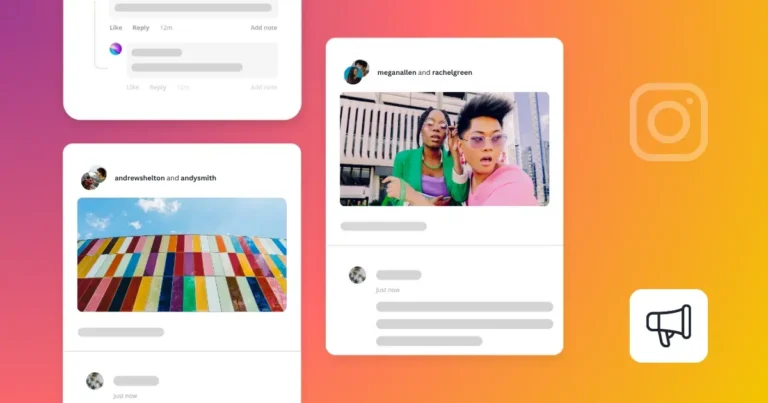 Collage of Instagram collaboration posts featuring two users per post, with image previews and engagement icons, displayed on a colorful gradient background with Instagram branding and a promotion icon, representing how to schedule collab posts.