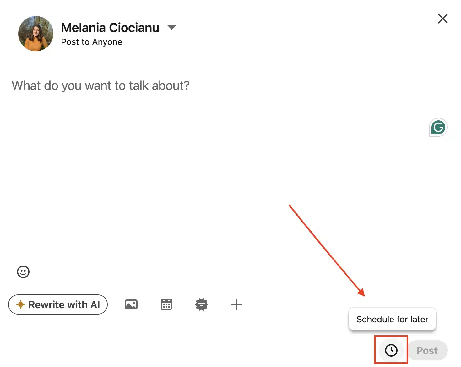 LinkedIn post creation screen showing the “Schedule for later” clock icon highlighted in the bottom right corner, allowing users to schedule their post for a future date.