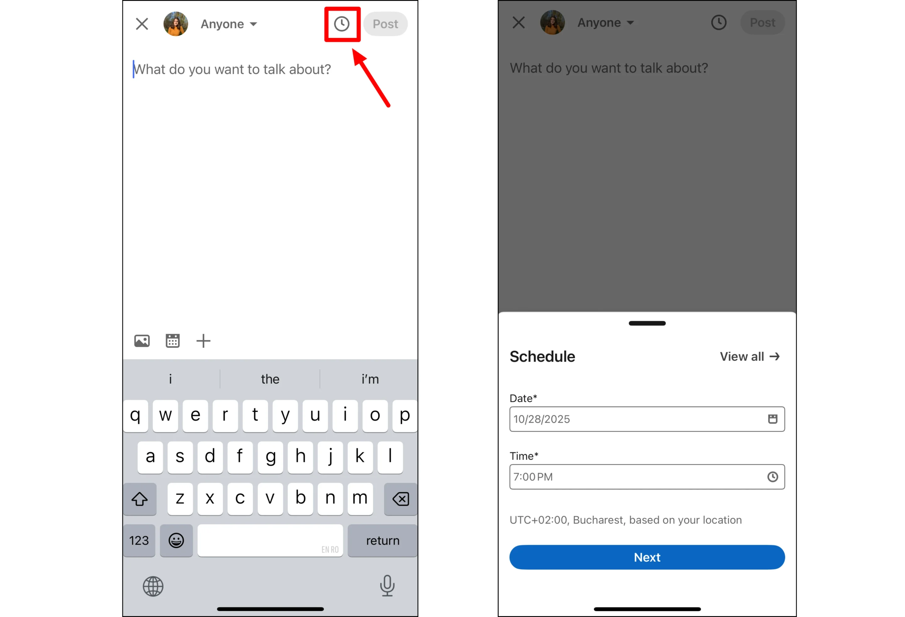 Two mobile LinkedIn interface screens showing how to schedule a post—first by tapping the clock icon at the top, then by selecting a date and time in the scheduling menu.