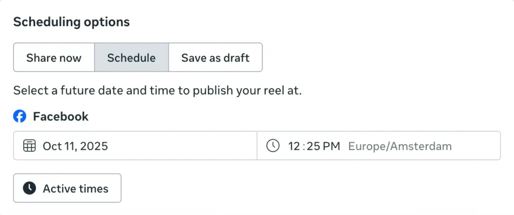 Scheduling options screen in Meta Business Suite with date and time picker for Facebook Reel publication