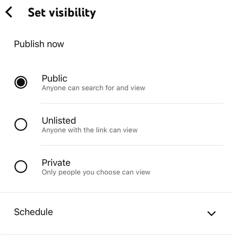 YouTube mobile interface displaying visibility settings—Public, Unlisted, or Private—and an expandable option to schedule a post.