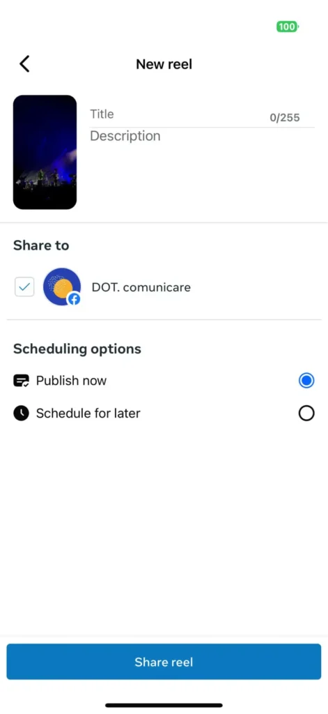 Facebook mobile app screen for uploading a new Reel with title, description, page selection, and scheduling options