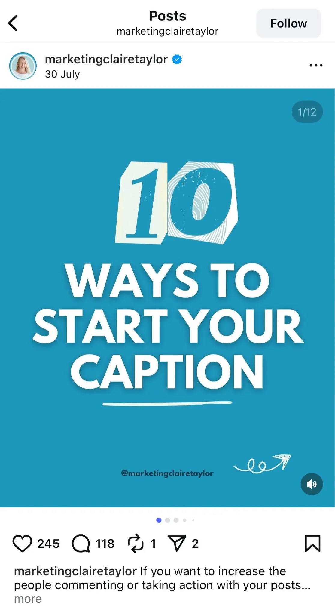 Instagram carousel cover by marketingclairetaylor with blue background and bold white text that reads “10 Ways to Start Your Caption,” promoting social media writing tips.