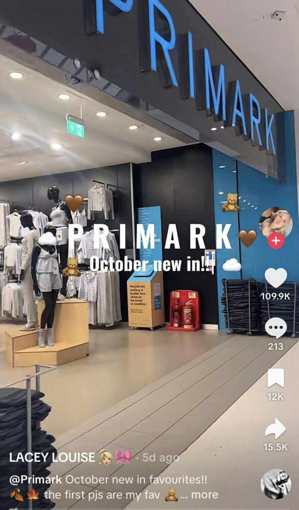TikTok showing the entrance of a Primark store with mannequins dressed in neutral-colored loungewear. The text on screen reads “PRIMARK October new in!!.”